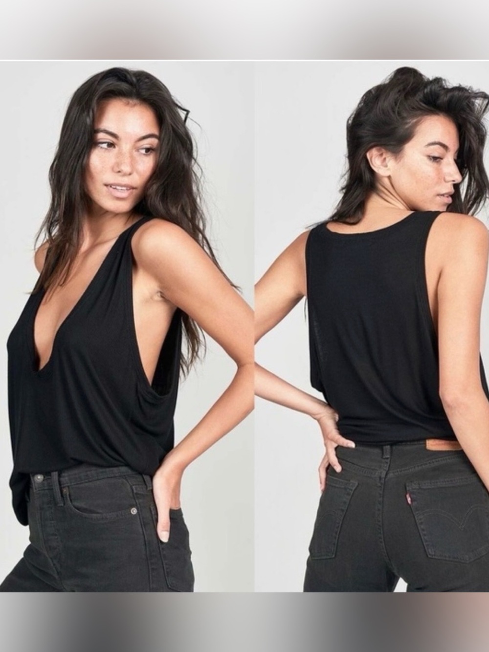 Joah Brown Cropped Black Deep Plunge V-Neck Ribbed Tank Top S (OS) Sexy!